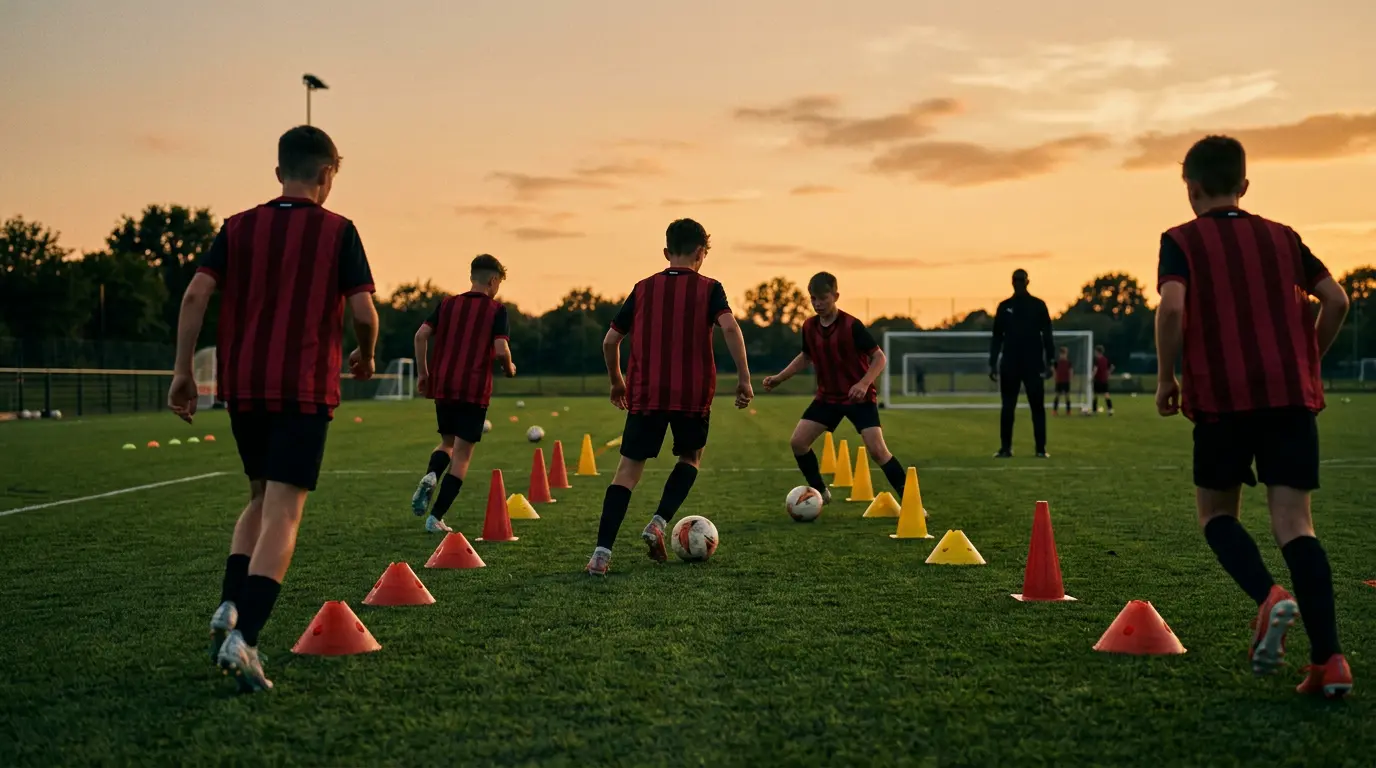 Giovani calciatori con casacche rossonere durante un allenamento al tramonto